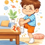 Illustration enfant se cognant le pied – douleur bénigne fréquente chez l’enfant