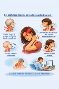 Infographie sur les céphalées d’origine cervicale avec douleur de nuque, raideur du cou et gêne liée aux mouvements cervicaux.
