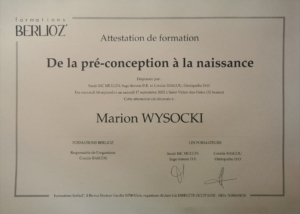 Attestation de formation De la pré-conception à la naissance délivrée à Marion Wysocki en 2022