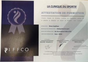 Attestation de formation en ostéopathie du sport suivie par Angélique Illman à La Clinique du Sportif en 2021