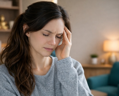 Femme brune souffrant d’un mal de tête, main sur la tempe