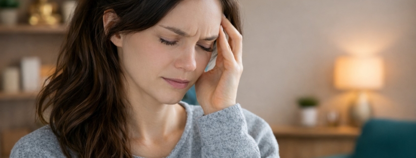 Femme brune souffrant d’un mal de tête, main sur la tempe