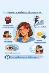 Infographie sur les symptômes de la migraine avec douleur d’un côté de la tête, nausées, gêne à la lumière, au bruit et aura visuelle.