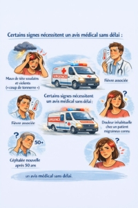 Infographie sur les signes d’alerte d’un mal de tête nécessitant un avis médical rapide : coup de tonnerre, fièvre, céphalée nouvelle après 50 ans.