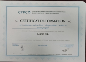 Certificat de formation sur les céphalées suivi par Lucas Gil en 2024