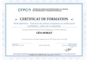 Certificat de formation sur le parcours du patient vertigineux en rééducation vestibulaire suivi par Léna Burlet