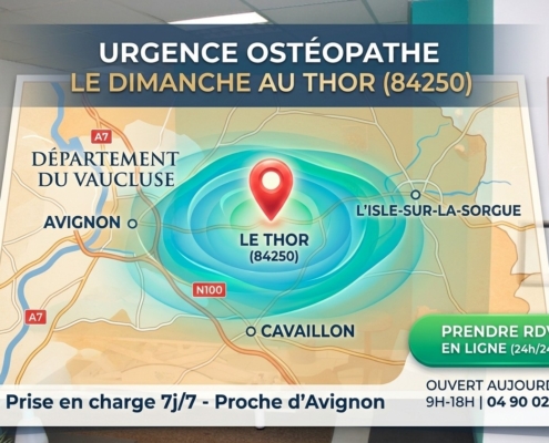 Carte du Vaucluse localisant Le Thor avec indication d’un ostéopathe ouvert le dimanche pour urgences près d’Avignon.