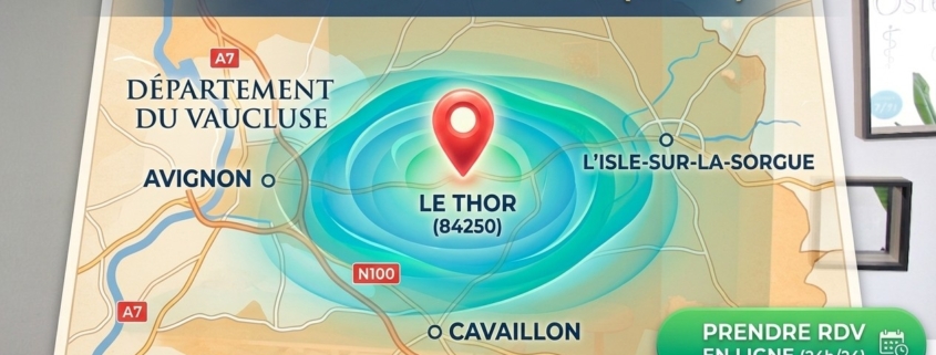 Carte du Vaucluse localisant Le Thor avec indication d’un ostéopathe ouvert le dimanche pour urgences près d’Avignon.