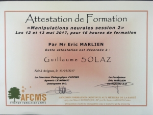 Attestation de formation en manipulations neurales de Guillaume Solaz, ostéopathe au Thor dans le Vaucluse