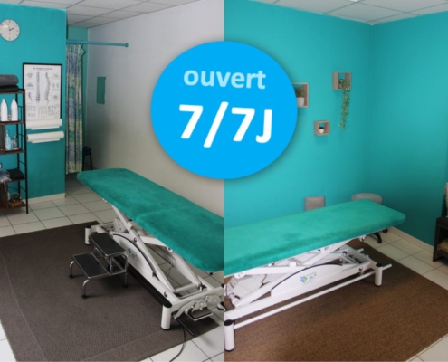 Cabinet d’ostéopathie au Thor dans le Vaucluse, salle de consultation avec table de soin et mention ouvert 7j/7.
