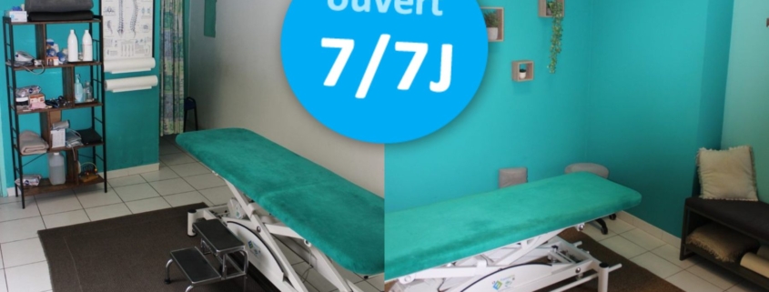 Cabinet d’ostéopathie au Thor dans le Vaucluse, salle de consultation avec table de soin et mention ouvert 7j/7.