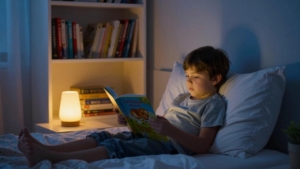 Enfant lisant un livre dans son lit avant de dormir